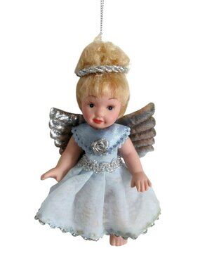 Vintage Angel Porcelain Doll Christmas Ornament Silver Wings Blue Dress 5" tall